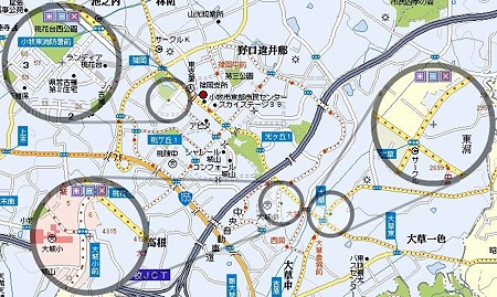 桃花台ニュータウン内および周辺にある中日新聞専売店の分布図