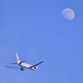 Photos: 夕方の浮島 羽田空港から上がった航空機とお月様 20180624