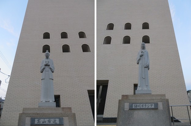 高山右近像 ・細川ガラシア像（中央区。大阪カテドラル聖マリア大聖堂）